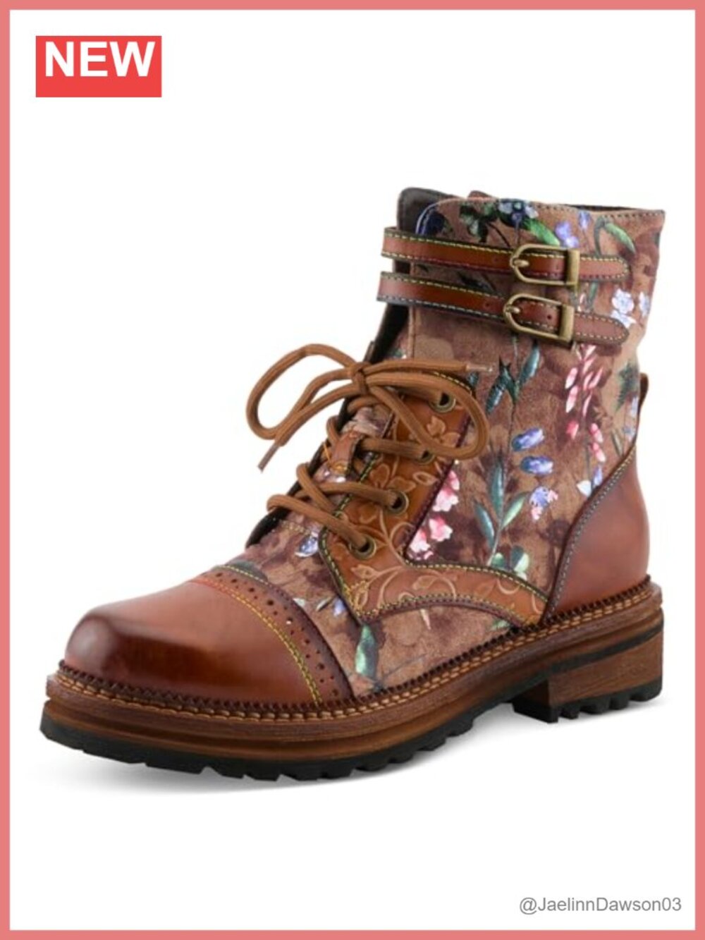 Faux Leather Ankle Bootie with Artistic Floral Design Lace-Up Combat Boot